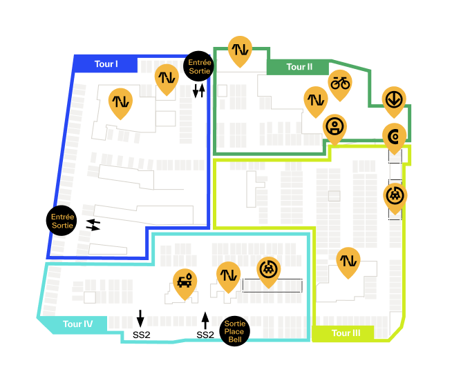 Carte du stationnement Espace Montmorency montrant les zones de stationnement, les entrées et sorties, ainsi que les bornes de recharge et l'accès au métro Montmorency.