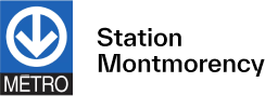 Logo de la station de métro Montmorency, symbole de transport public à Laval, Canada, en relation avec les options de stationnement à proximité.