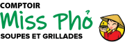 Logo de Miss Pho, restaurant de cuisine vietnamienne, avec image d'une femme en chapeau asiatique tenant un bol de pho, représentant les options de restauration près de Stationnement EM à Laval.