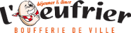 Logo de L’œufrier, restaurant de la zone verte du stationnement à Laval, avec un personnage souriant et le texte "L’œufrier Boulangerie de Ville".