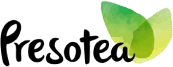 Logo de Presotea avec des feuilles vertes, représentant une marque de thé, en lien avec les options de stationnement à Laval.