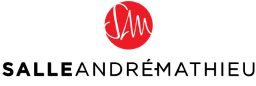 Logo de la Salle André Mathieu, espace culturel à Laval, avec un fond rouge et un design stylisé.