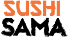 Logo de Sushi Sama, restaurant de sushi situé à Laval, avec inscription stylisée en orange et noir.
